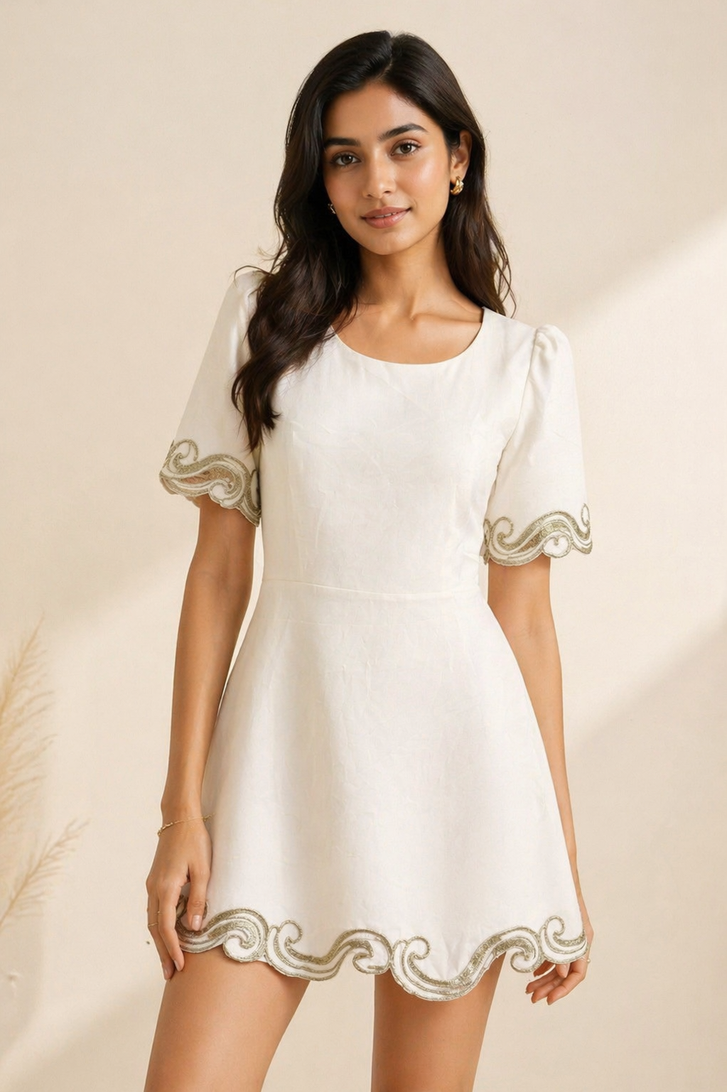 Ivory Elegance top with Gold Embroidered Hem & Sleeves