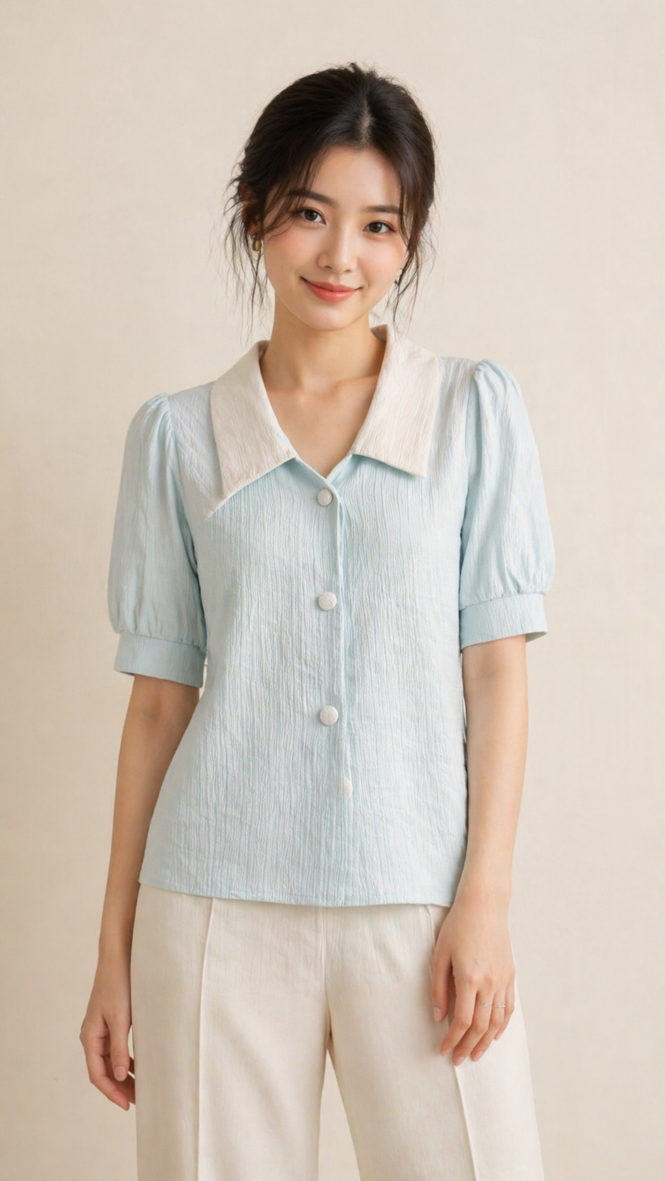 Mint Green Textured Puff Sleeve Shirt with Contrast Collar