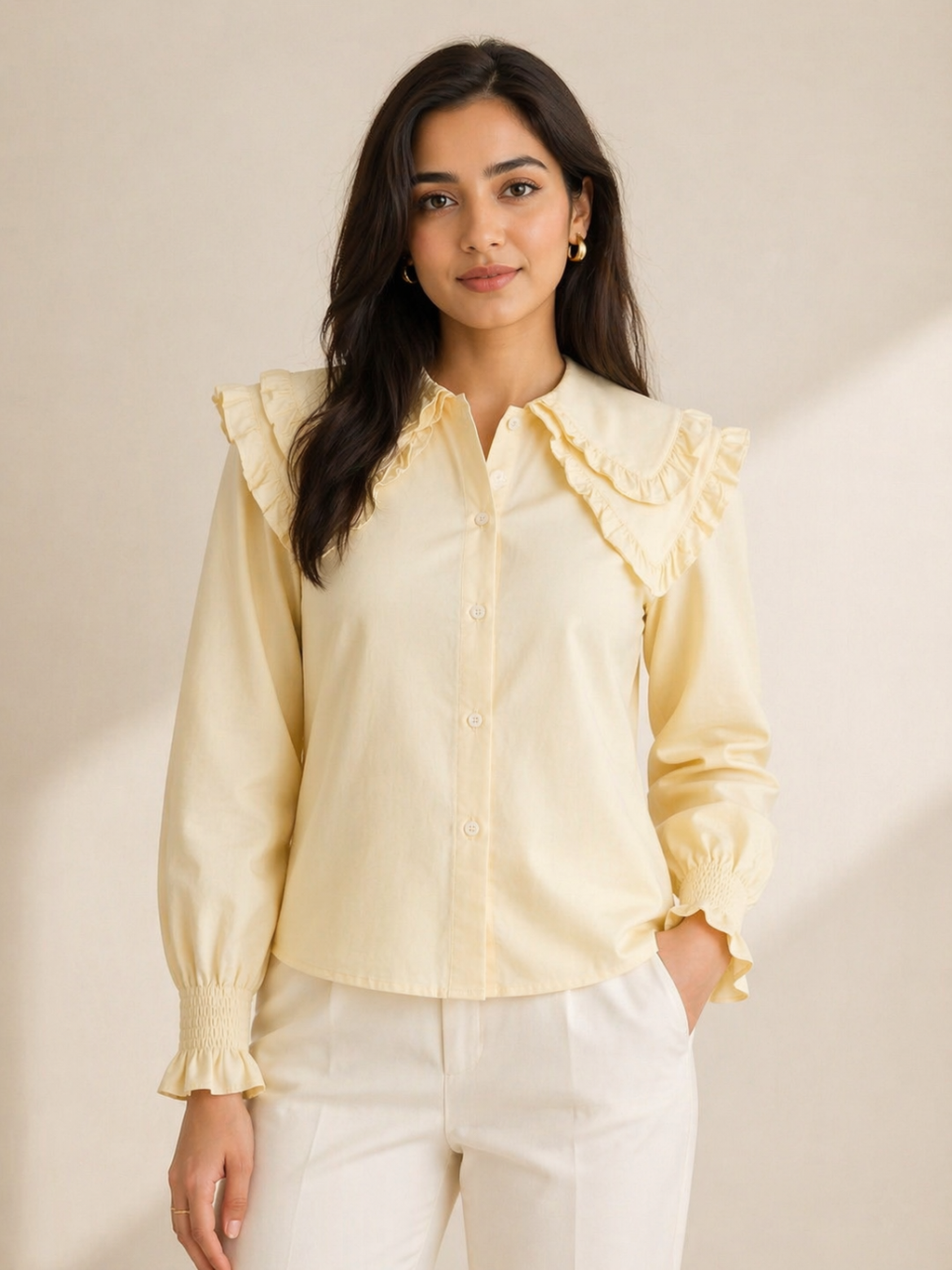 Pastel Yellow Ruffle Collar Feminine Shirt