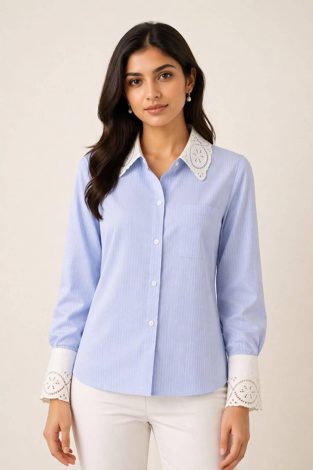 Blue Striped Lace Collar Classic Shirt