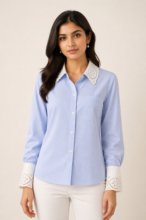 Blue Striped Lace Collar Classic Shirt