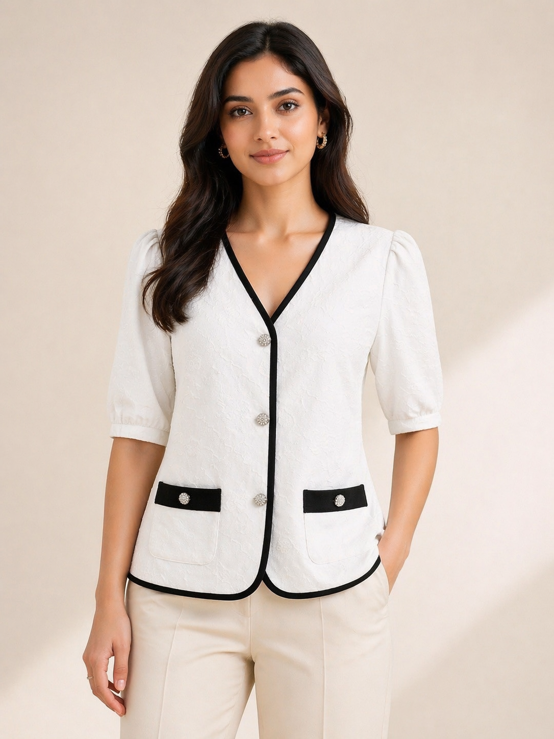 White Textured Contrast Trim Elegant Top