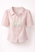 Blush Pink Embroidered Tie-Neck Textured Blouse