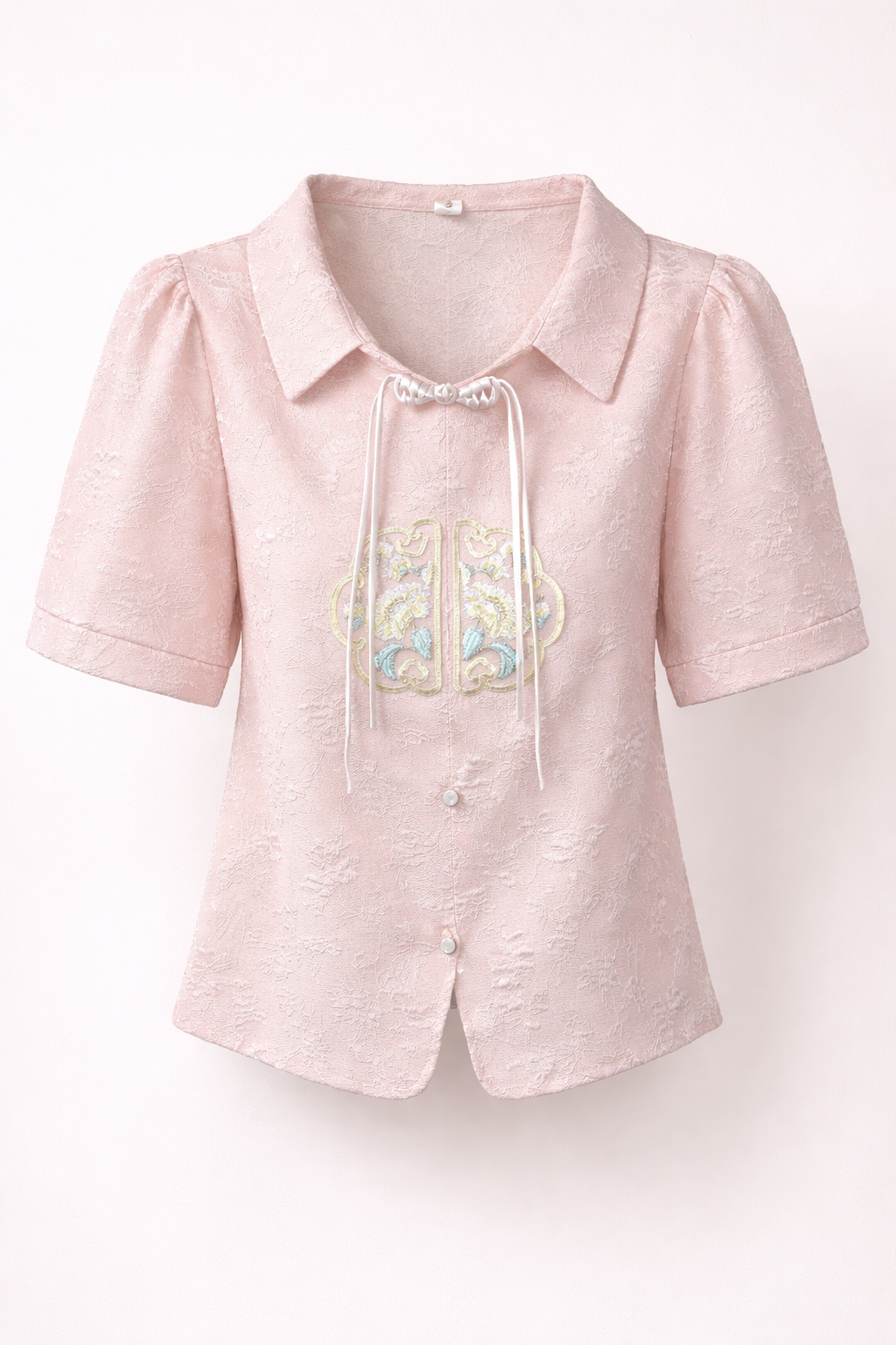 Blush Pink Embroidered Tie-Neck Textured Blouse