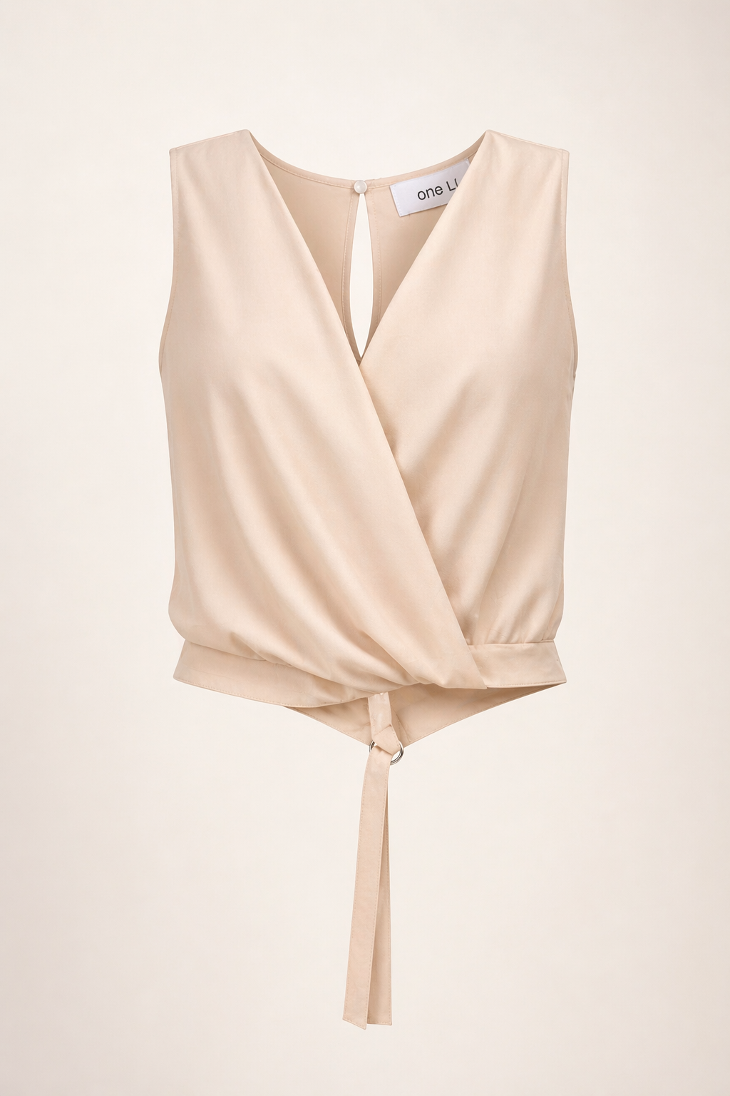 Nude Beige Wrap-Style Sleeveless Top with Tie Detail