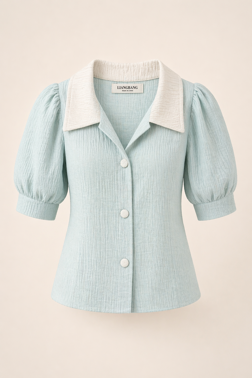 Mint Green Textured Puff Sleeve Shirt with Contrast Collar