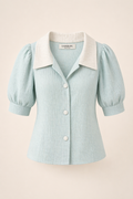Mint Green Textured Puff Sleeve Shirt with Contrast Collar