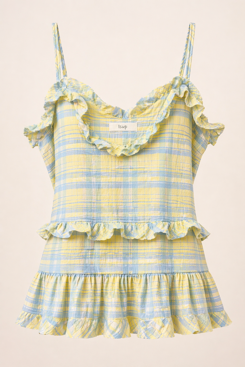Pastel Yellow & Blue Checkered Ruffle top