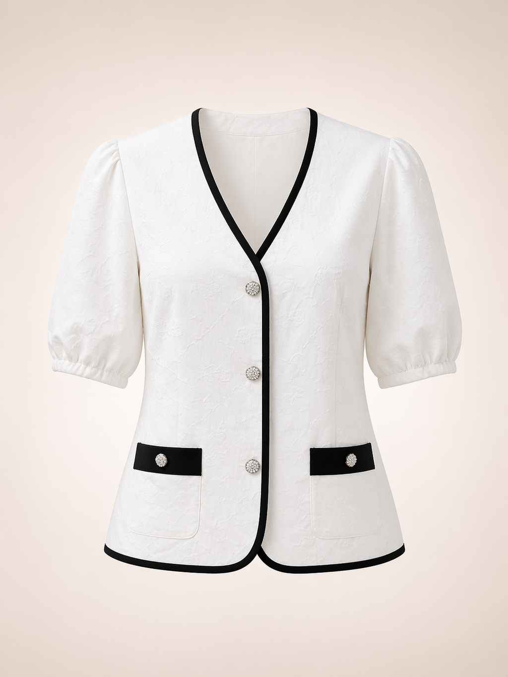 White Textured Contrast Trim Elegant Top