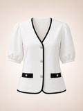 White Textured Contrast Trim Elegant Top
