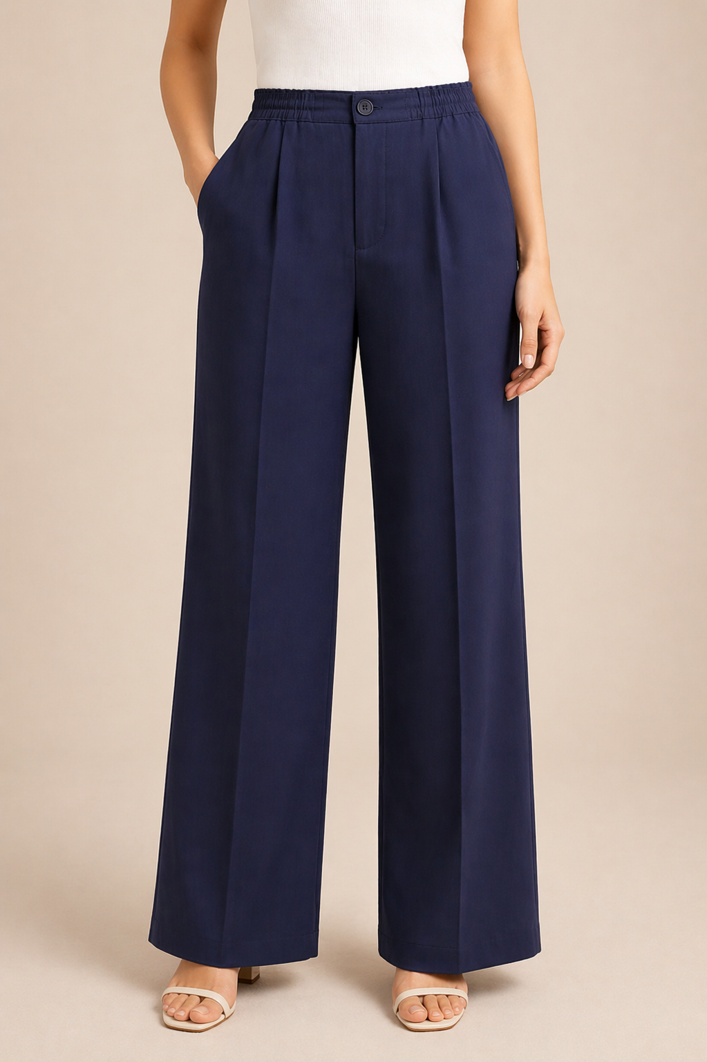 Navy Elastic Waist Straight-Leg Trousers