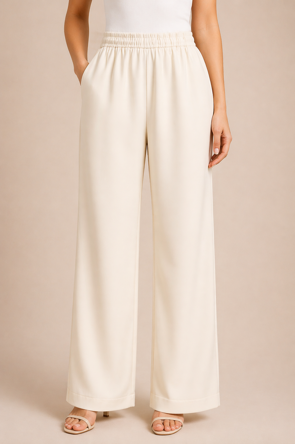 Cream Elasticated Waist Relaxed Wide-Leg Pants