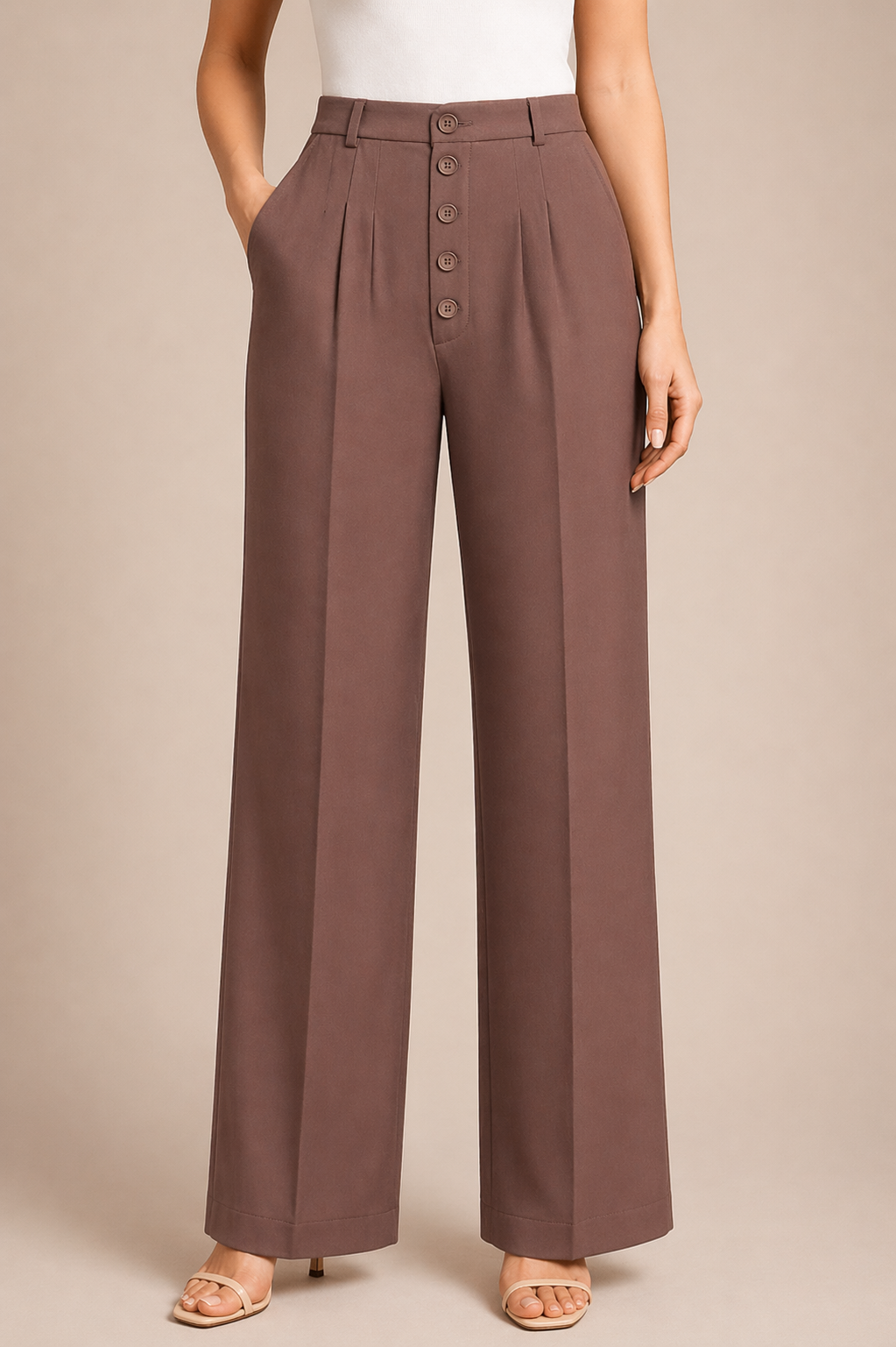 Mocha High-Waist Button Detail Wide-Leg Trousers