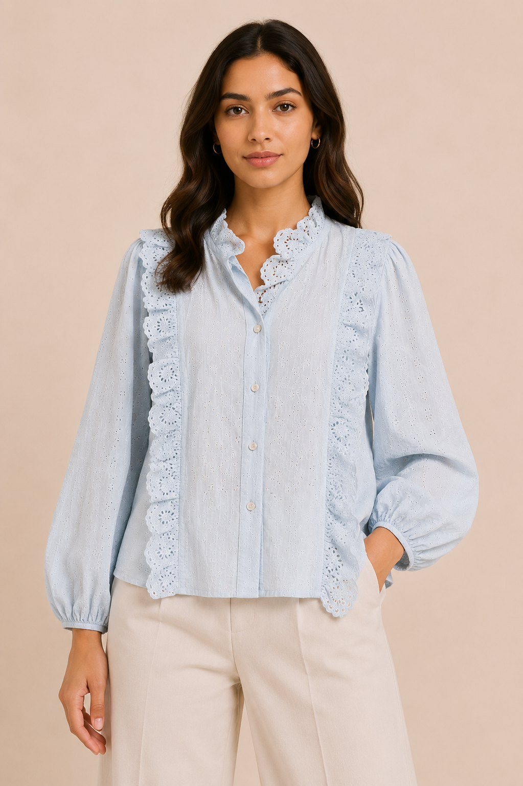 Powder Blue Embroidered Lace Ruffle Blouse
