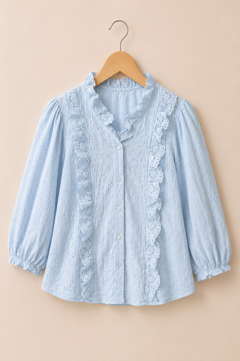 Powder Blue Embroidered Lace Ruffle Blouse