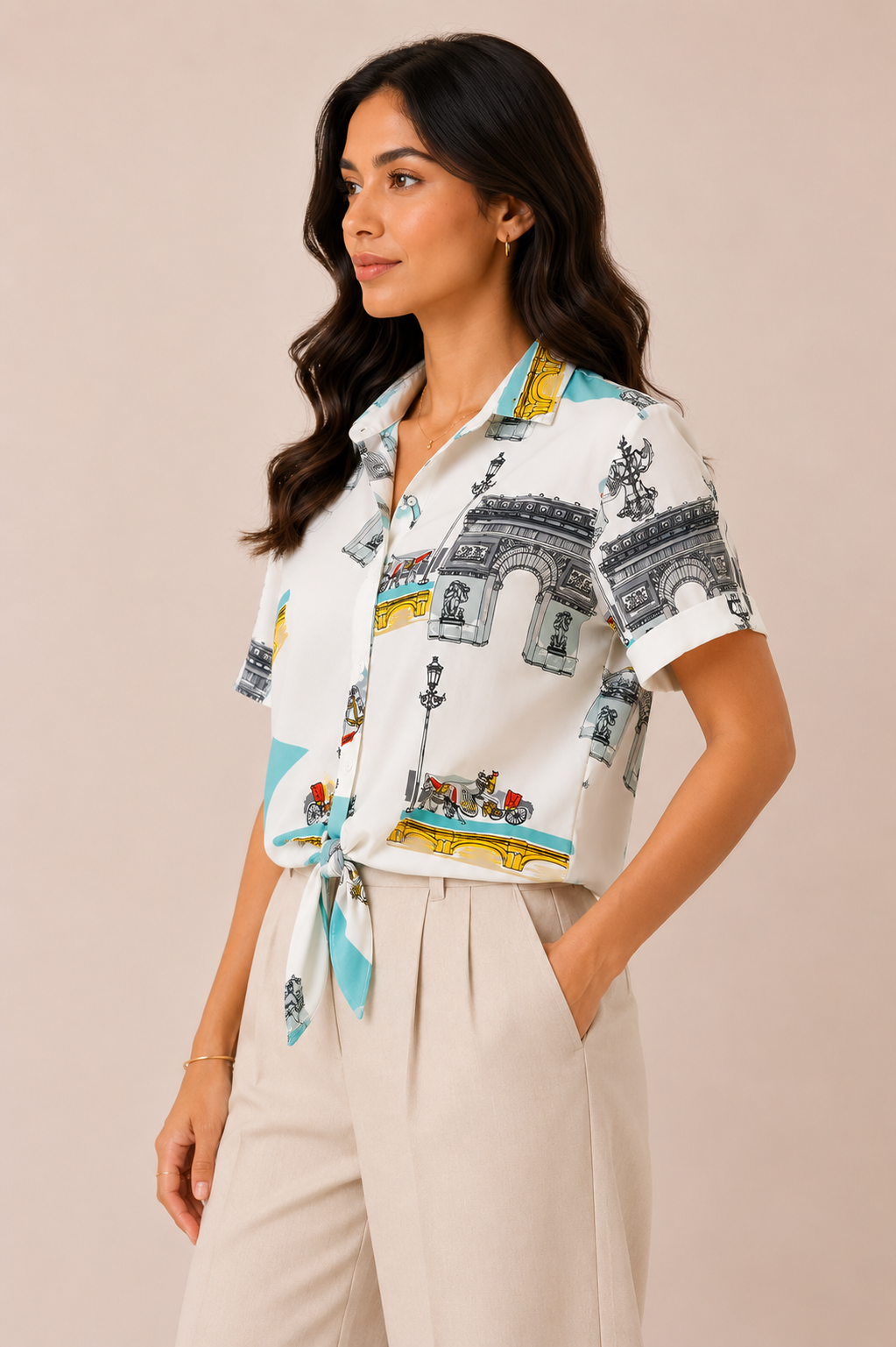 Paris Landmark Printed Tie Front Shirt