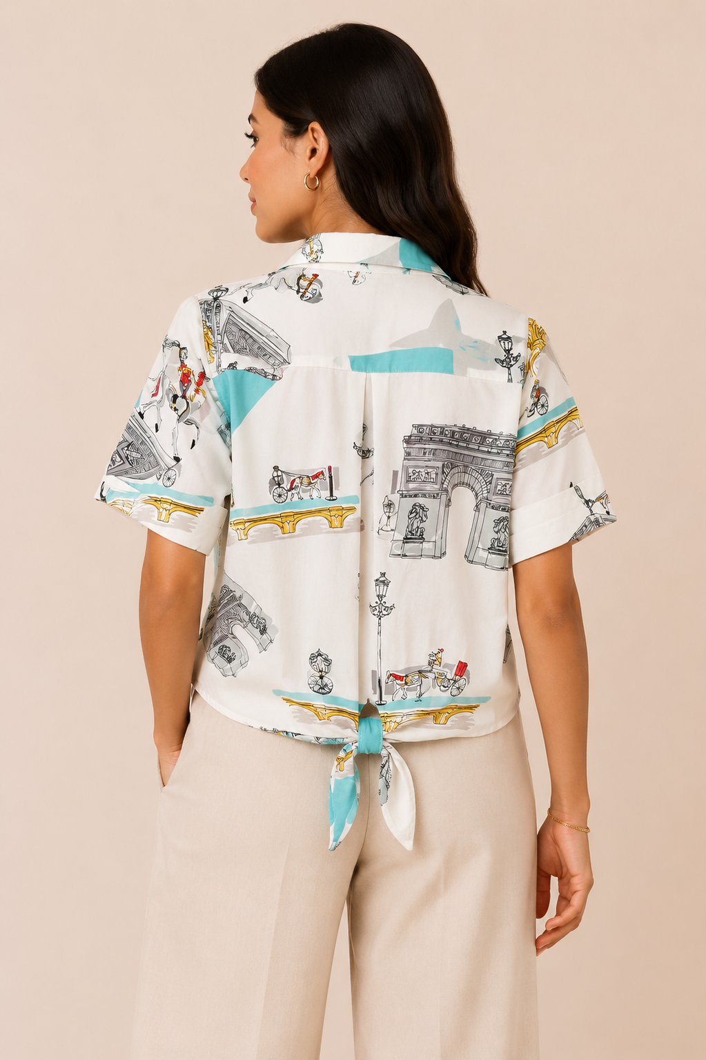Paris Landmark Printed Tie Front Shirt