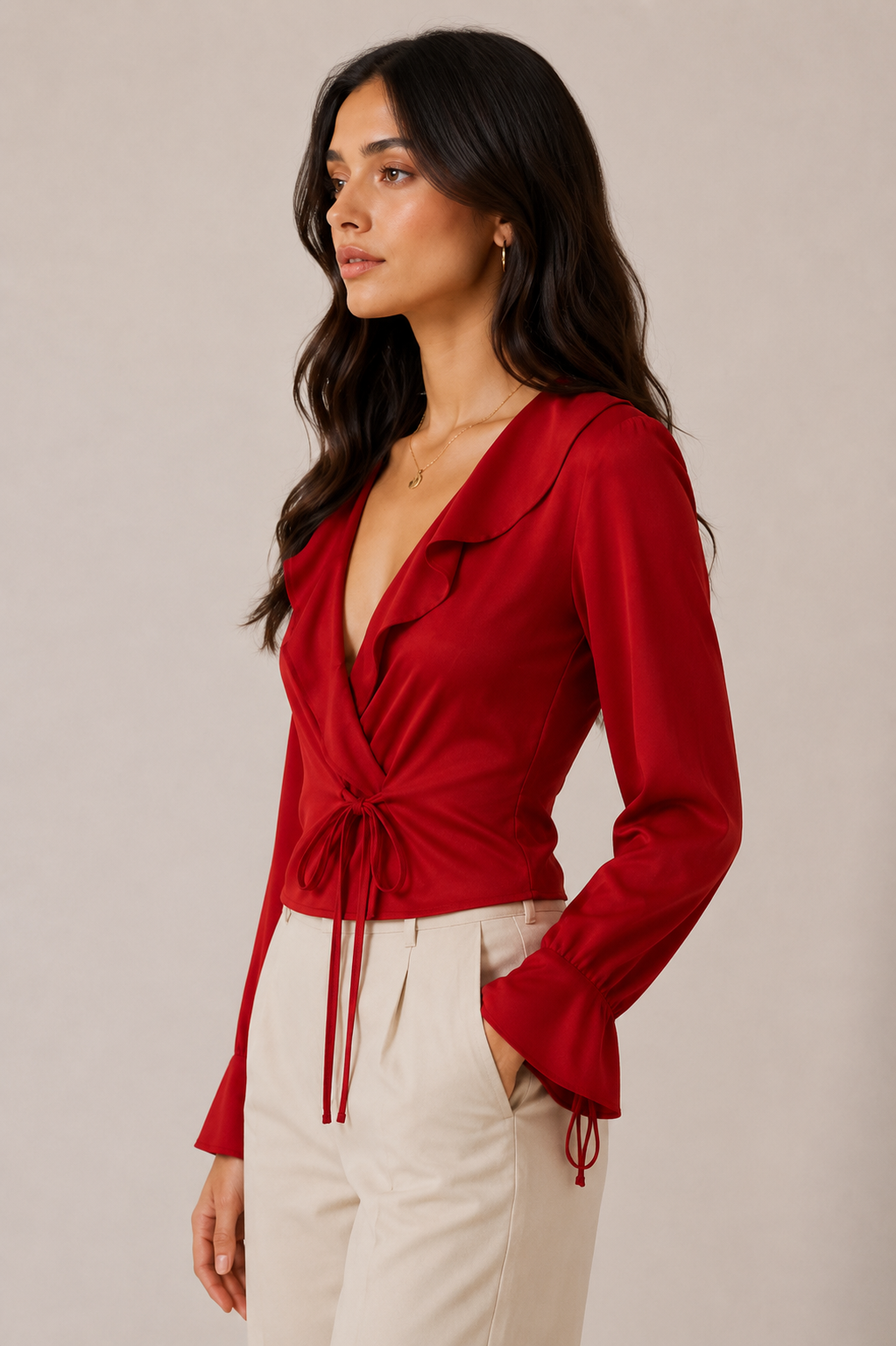 Scarlet Charm Satin Wrap Blouse – Red