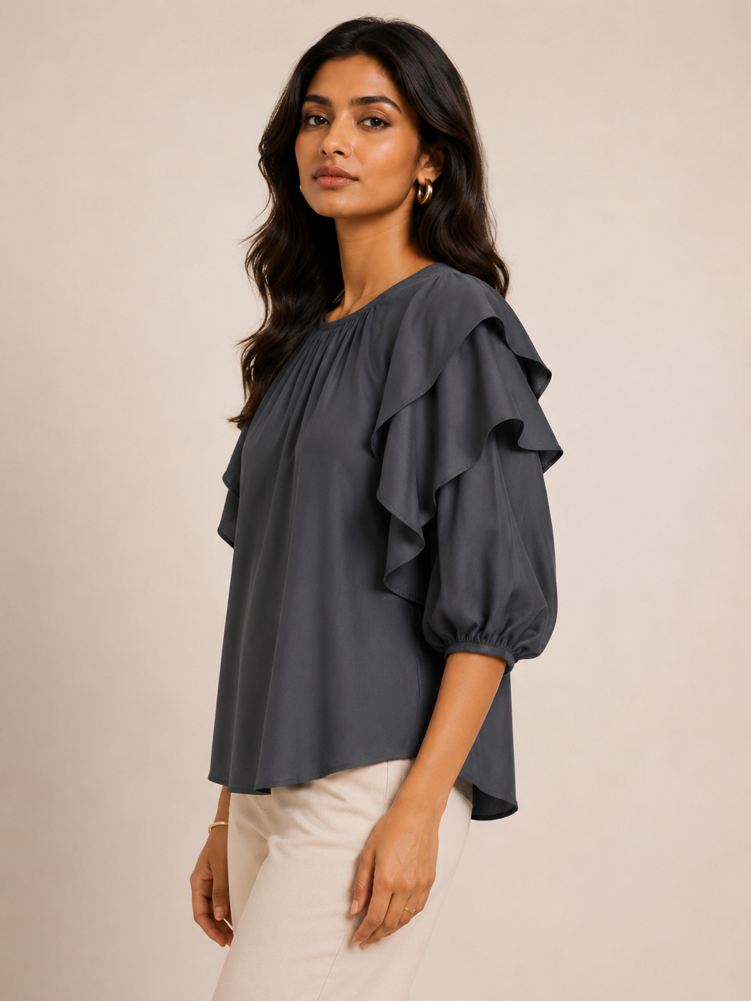Midnight Grace Ruffle Sleeve Blouse – Charcoal Grey