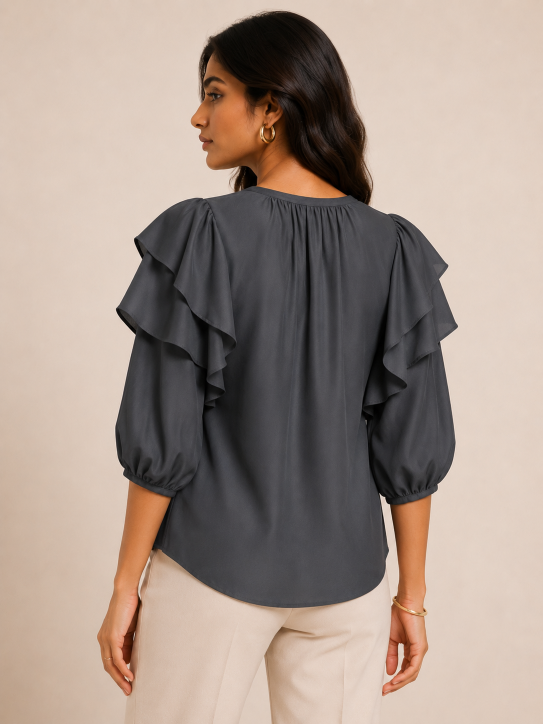 Midnight Grace Ruffle Sleeve Blouse – Charcoal Grey
