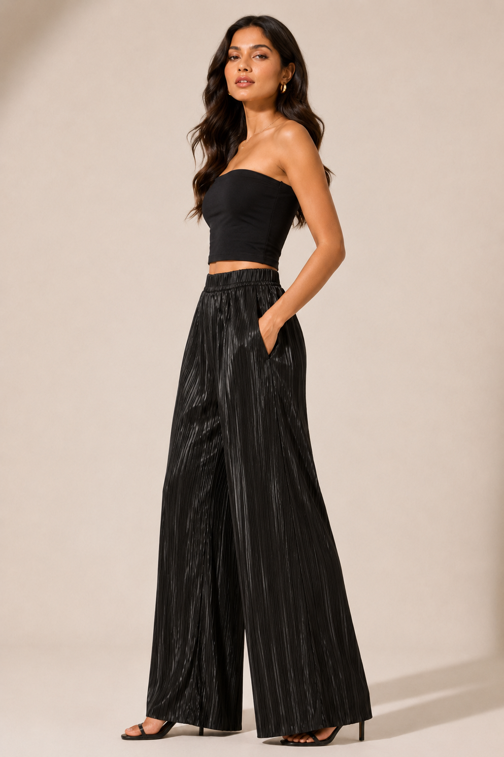 Midnight Pleated Wide-Leg Pants (Black)