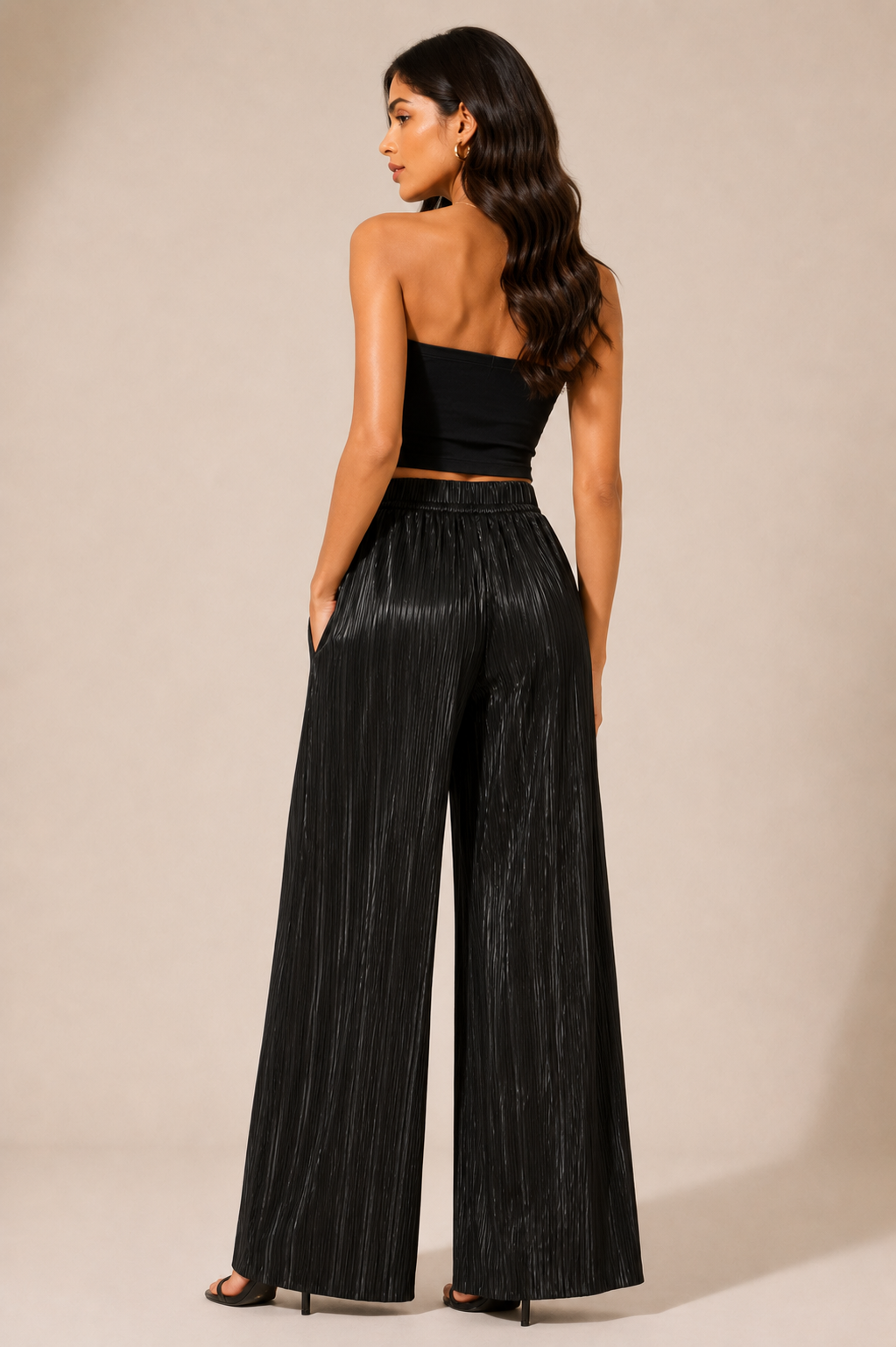 Midnight Pleated Wide-Leg Pants (Black)