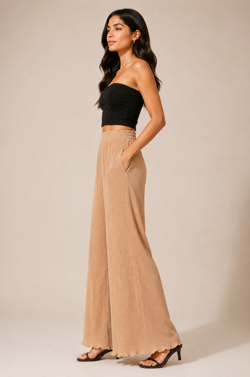 Sandstone Pleated Palazzo Pants (Beige)