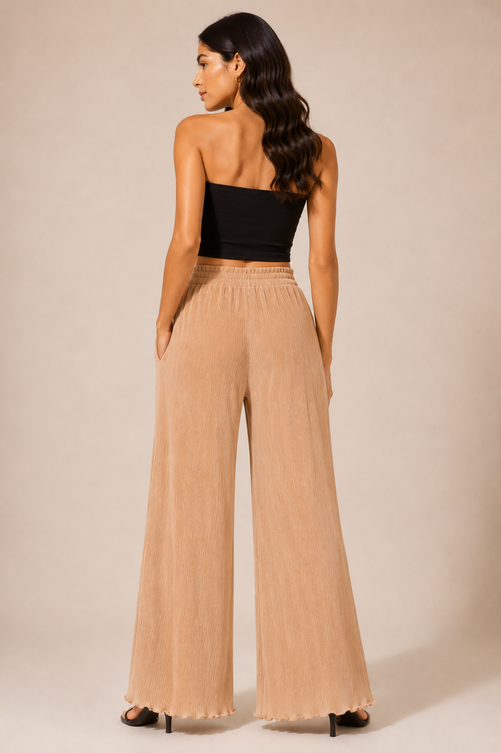 Sandstone Pleated Palazzo Pants (Beige)