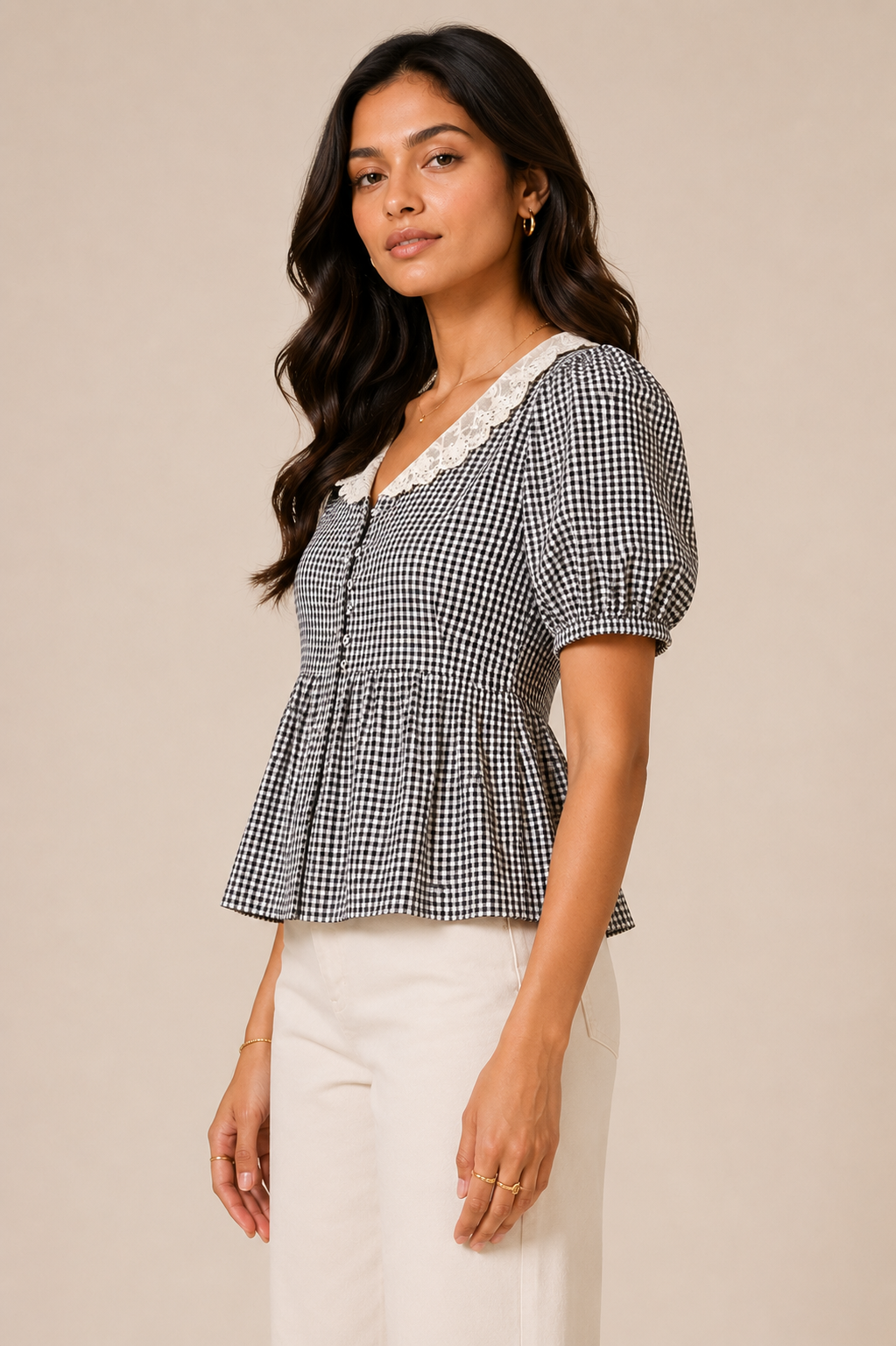 Gingham Grace Lace Collar Peplum Top