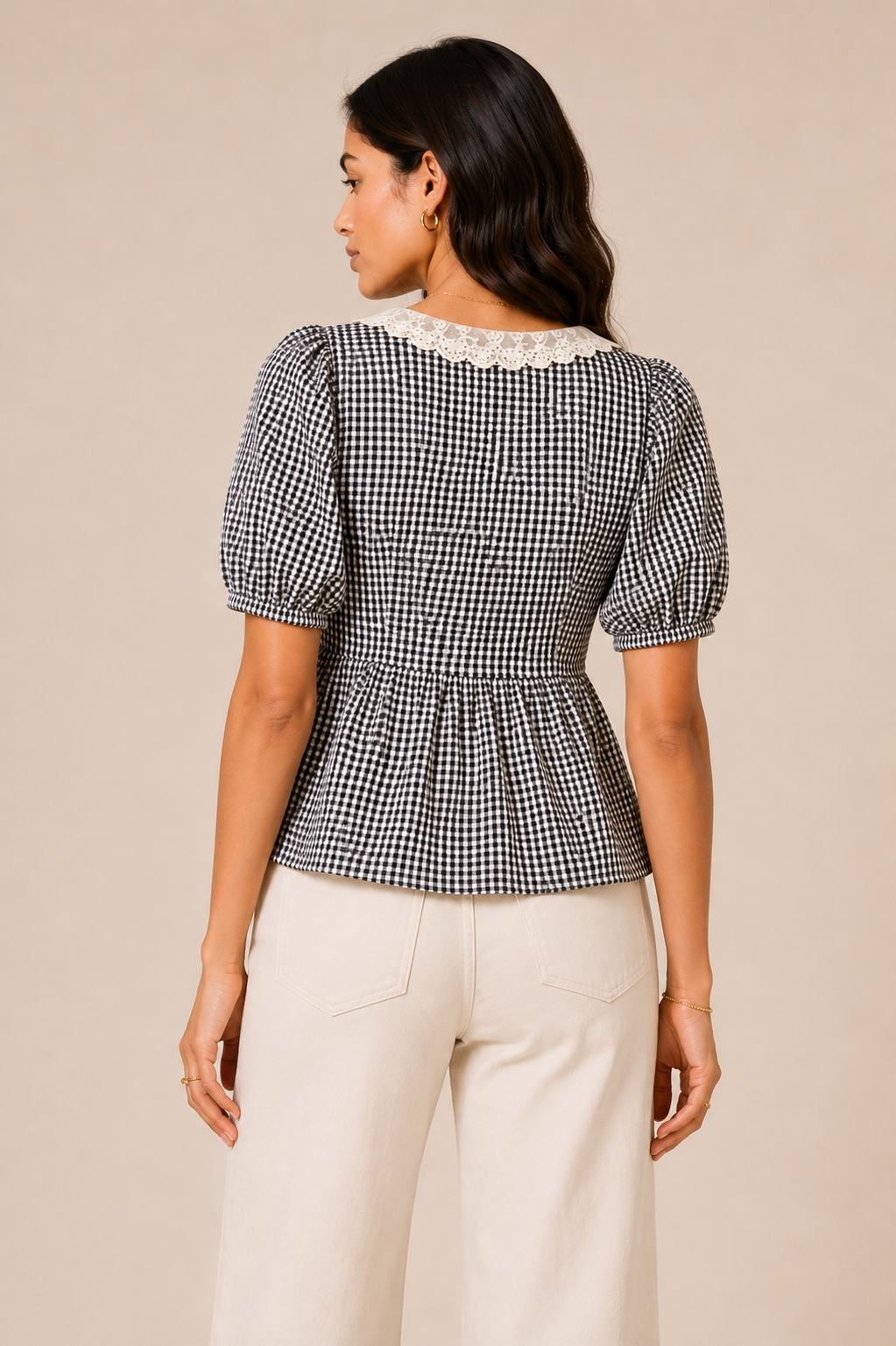 Gingham Grace Lace Collar Peplum Top