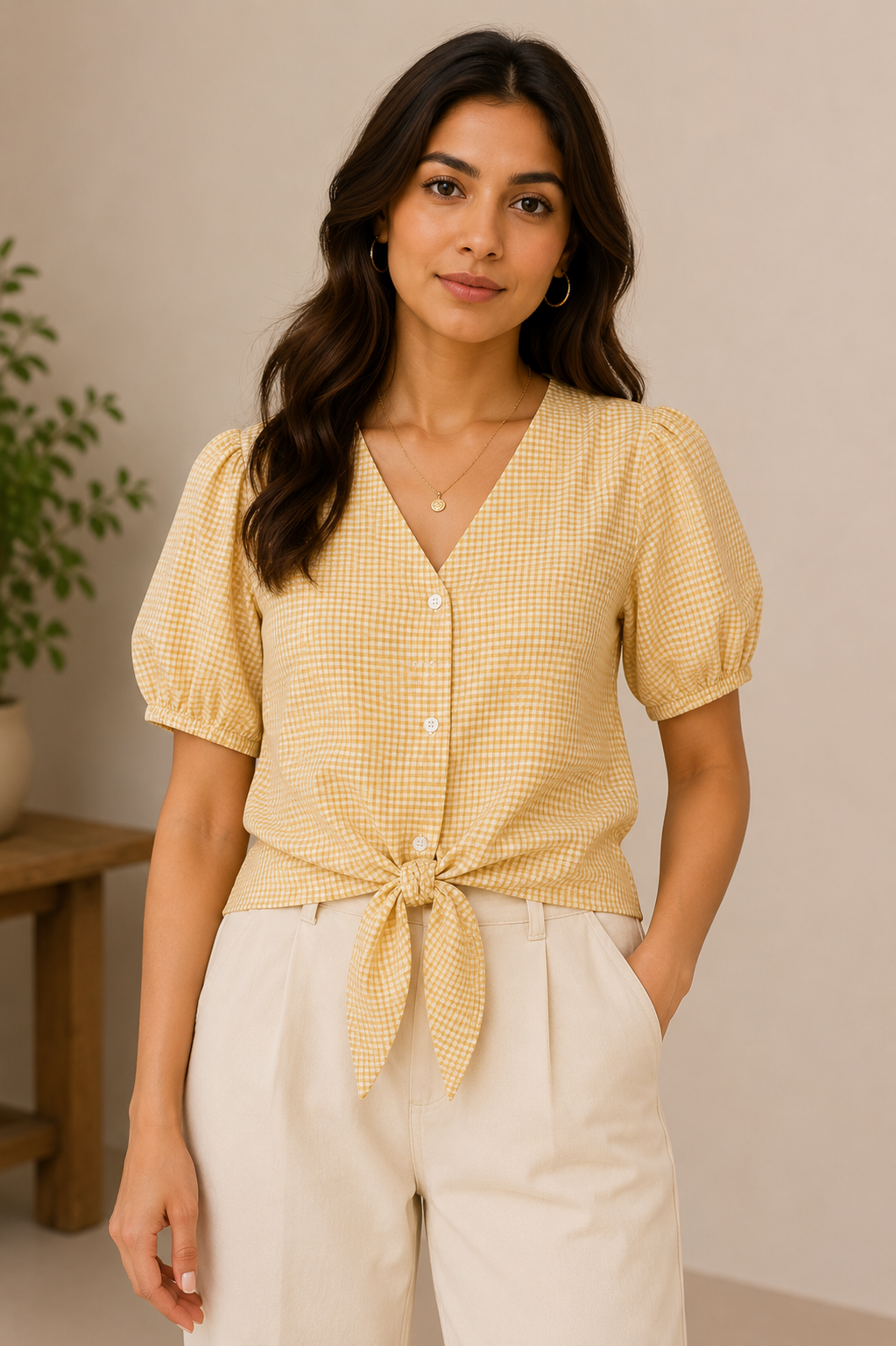Sunshine Gingham Front Tie Crop Top