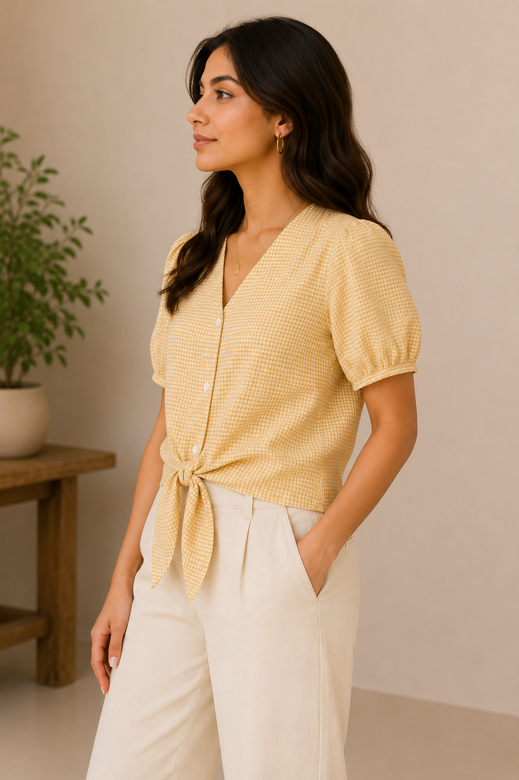 Sunshine Gingham Front Tie Crop Top