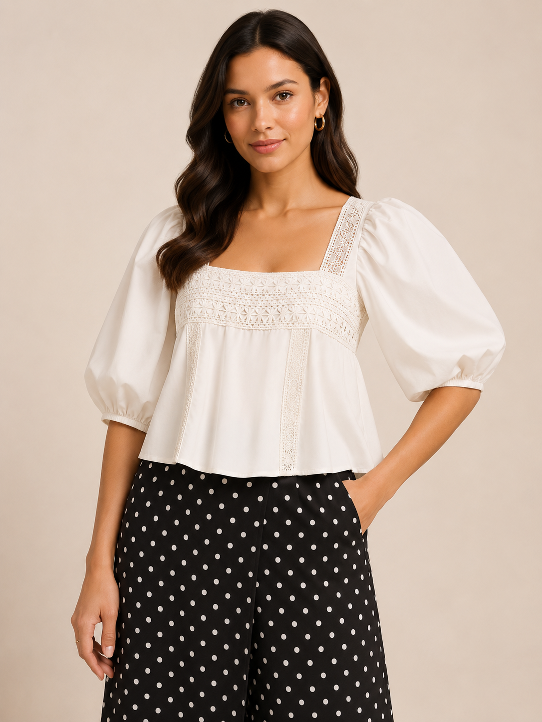 White Lace Panel Feminine Peplum Top