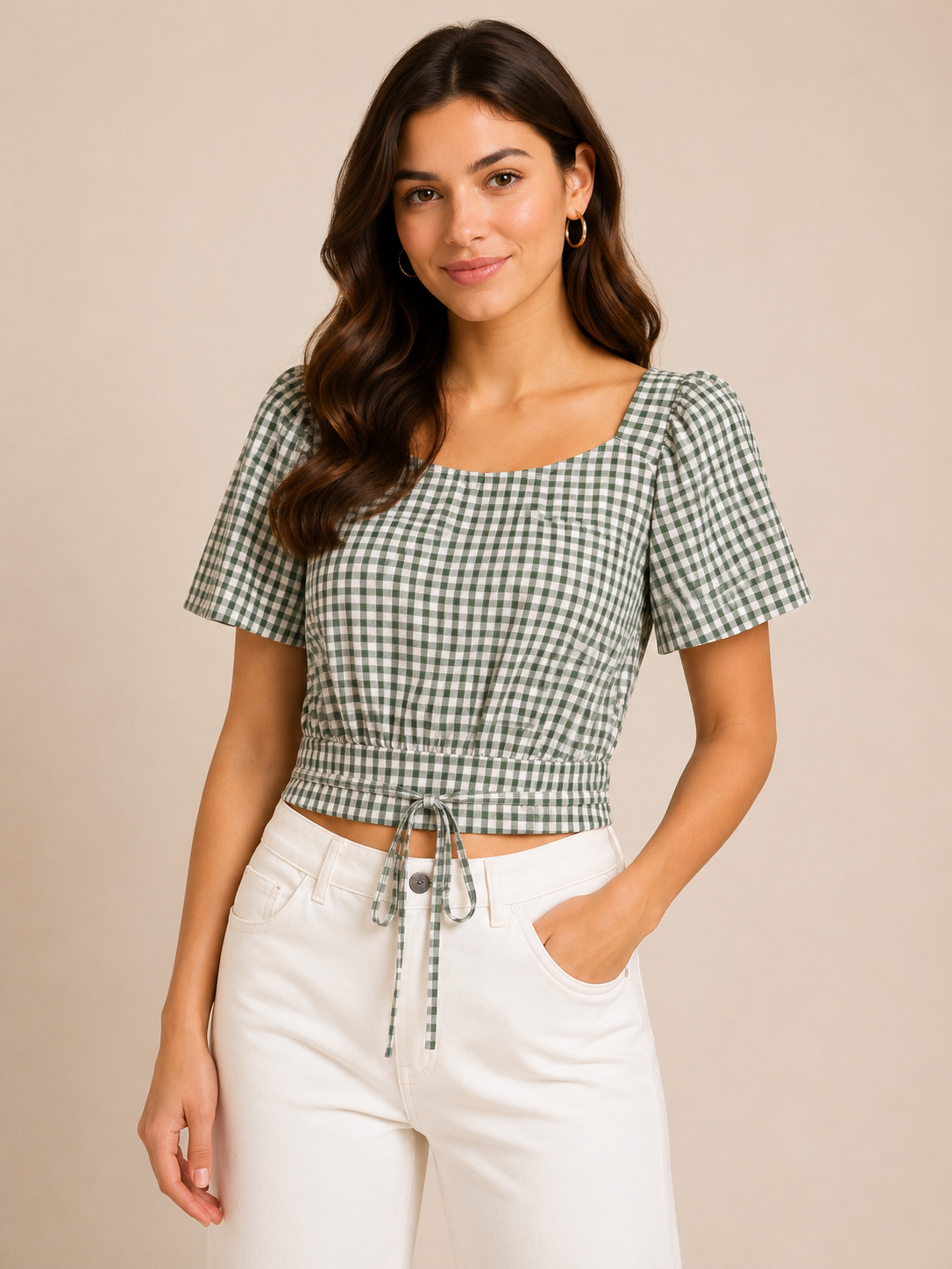 Green Gingham Tie-Up Crop Top