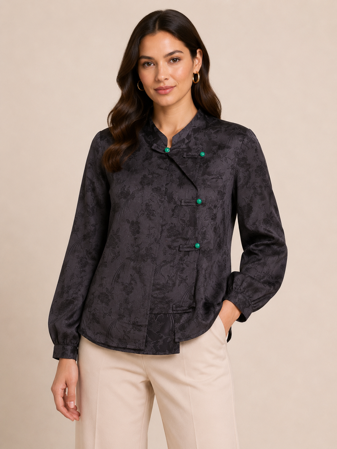 Charcoal Textured Mandarin Collar Statement Top