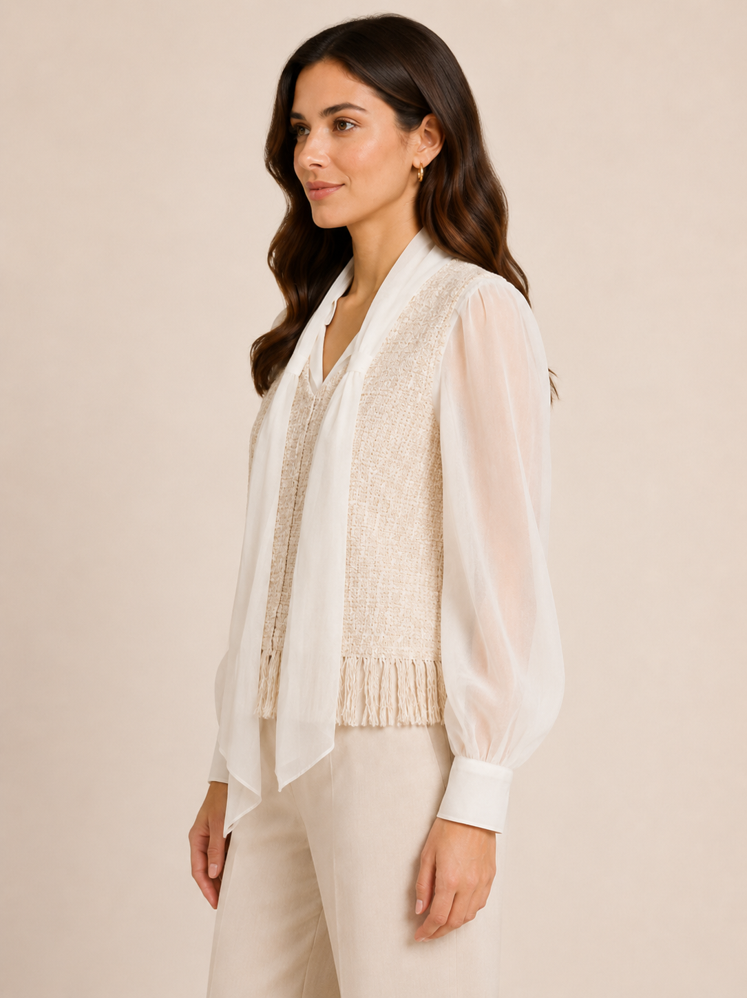 Elegant Ivory Sheer Sleeve Tweed Bow-Tie Top