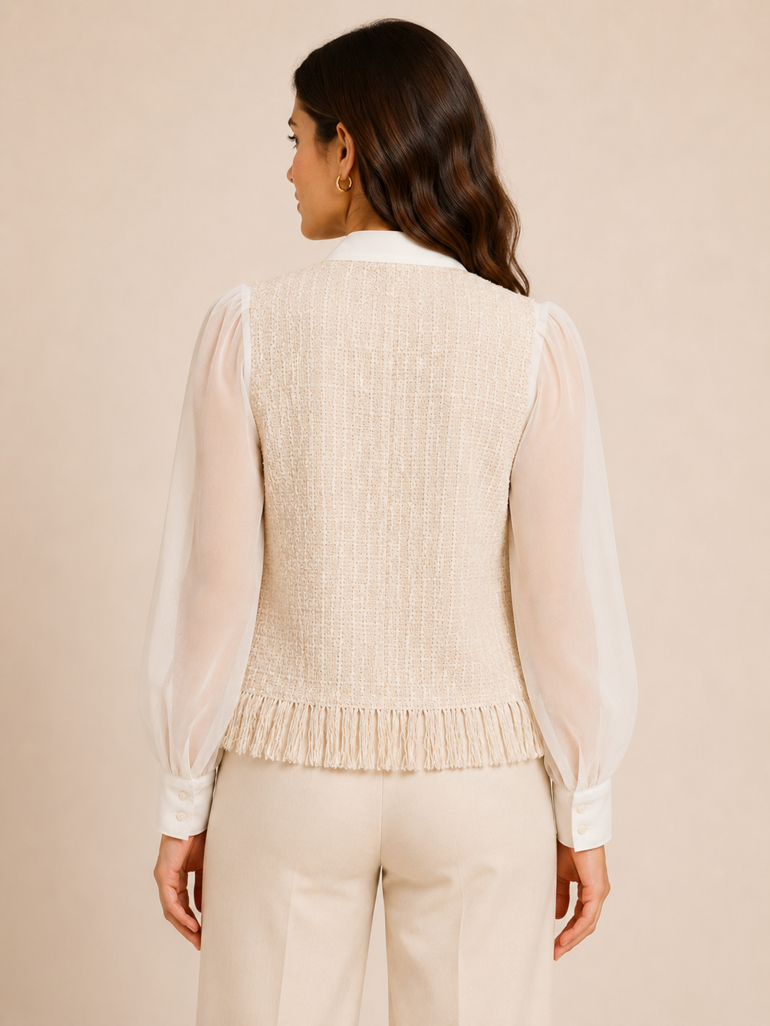 Elegant Ivory Sheer Sleeve Tweed Bow-Tie Top