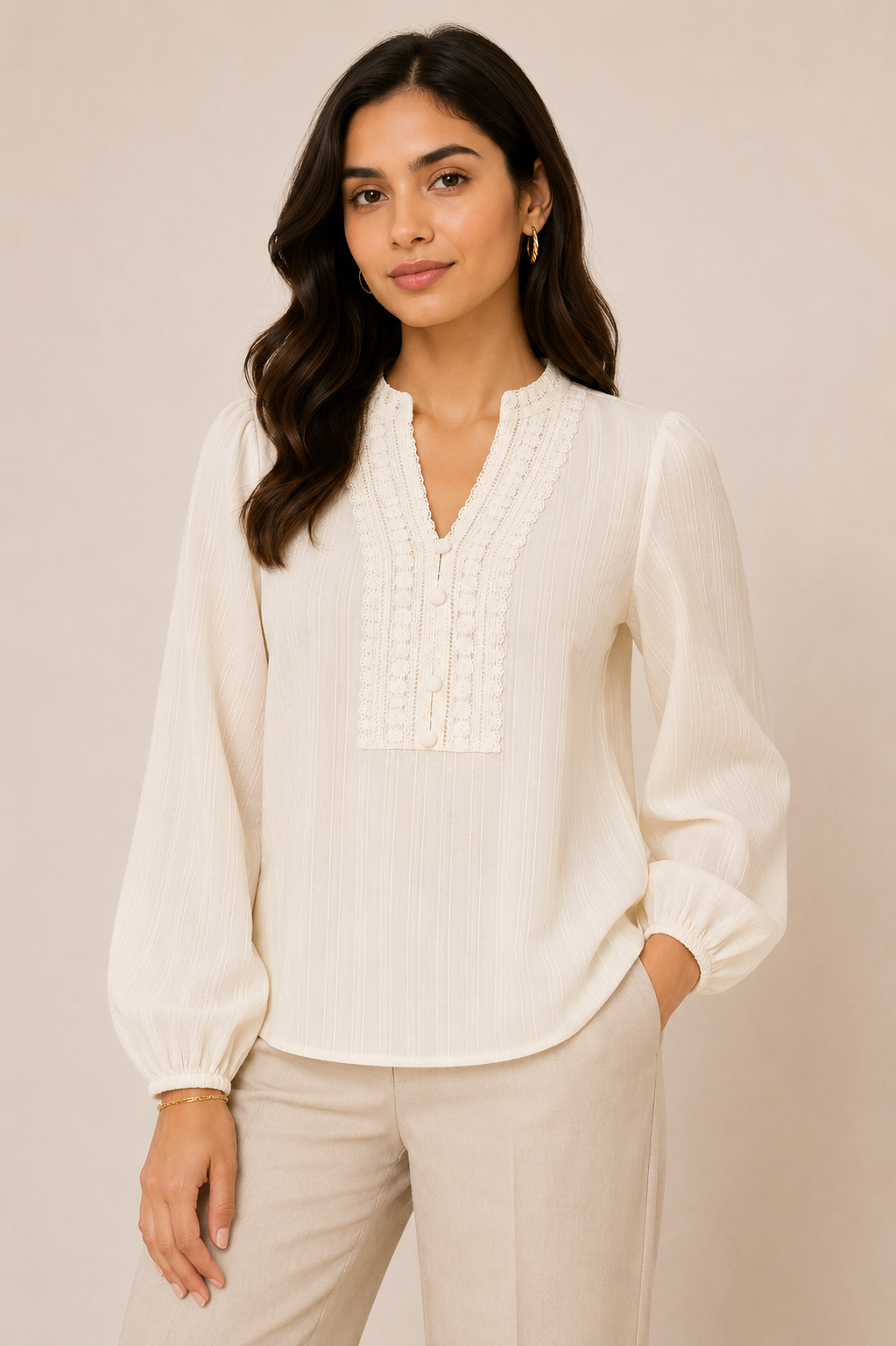 Ivory Lace Panel Ethnic Fusion Top