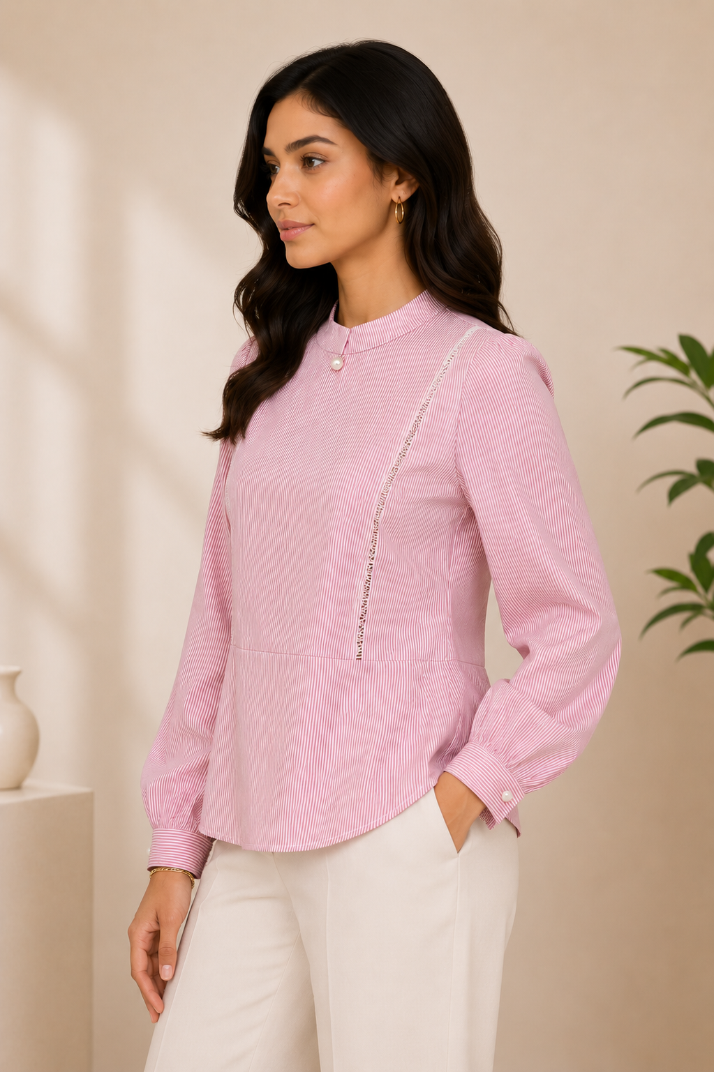 Pink Pinstripe Elegant Peplum Top
