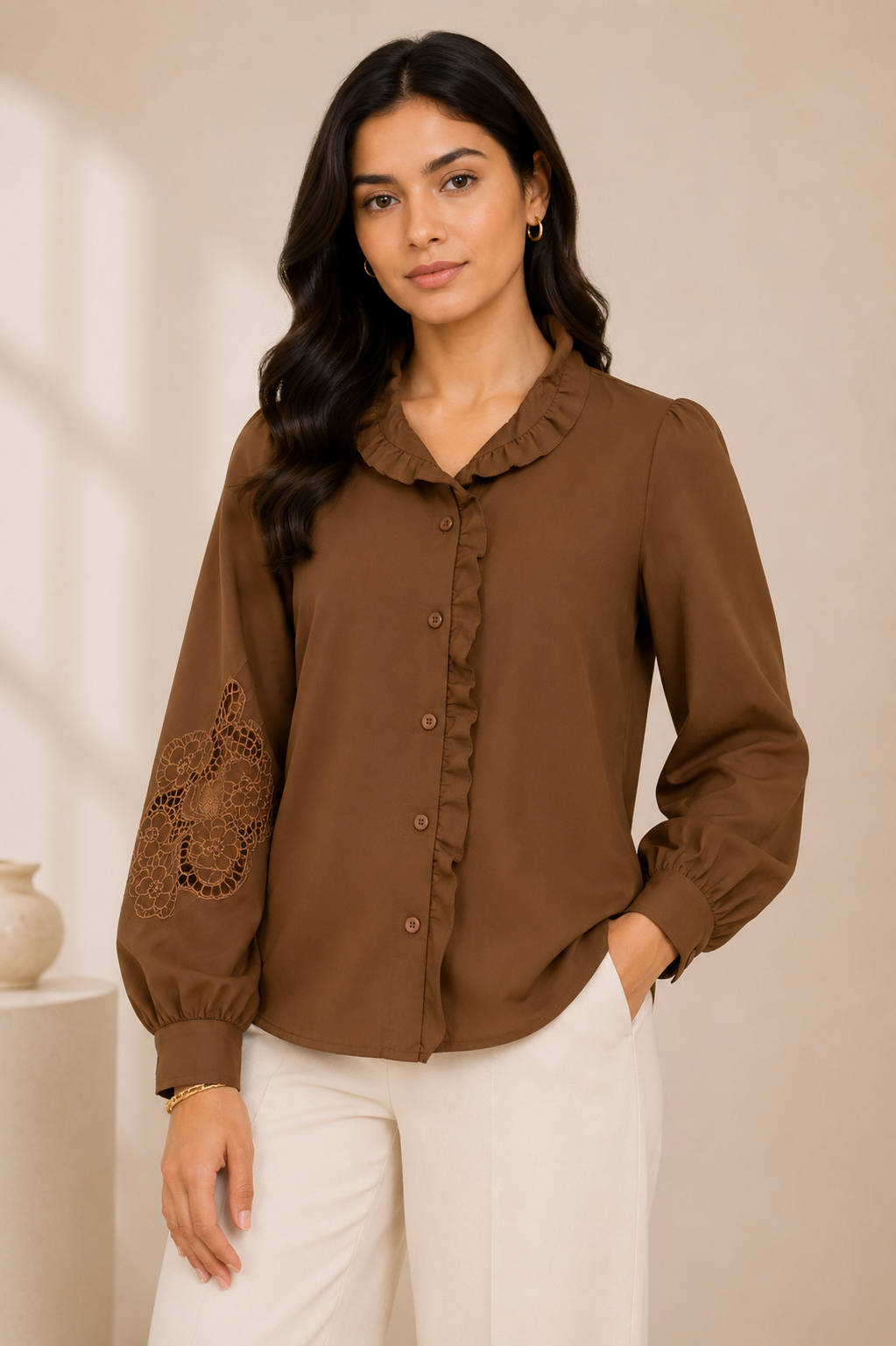 Chocolate Brown Ruffle Sleeve Top
