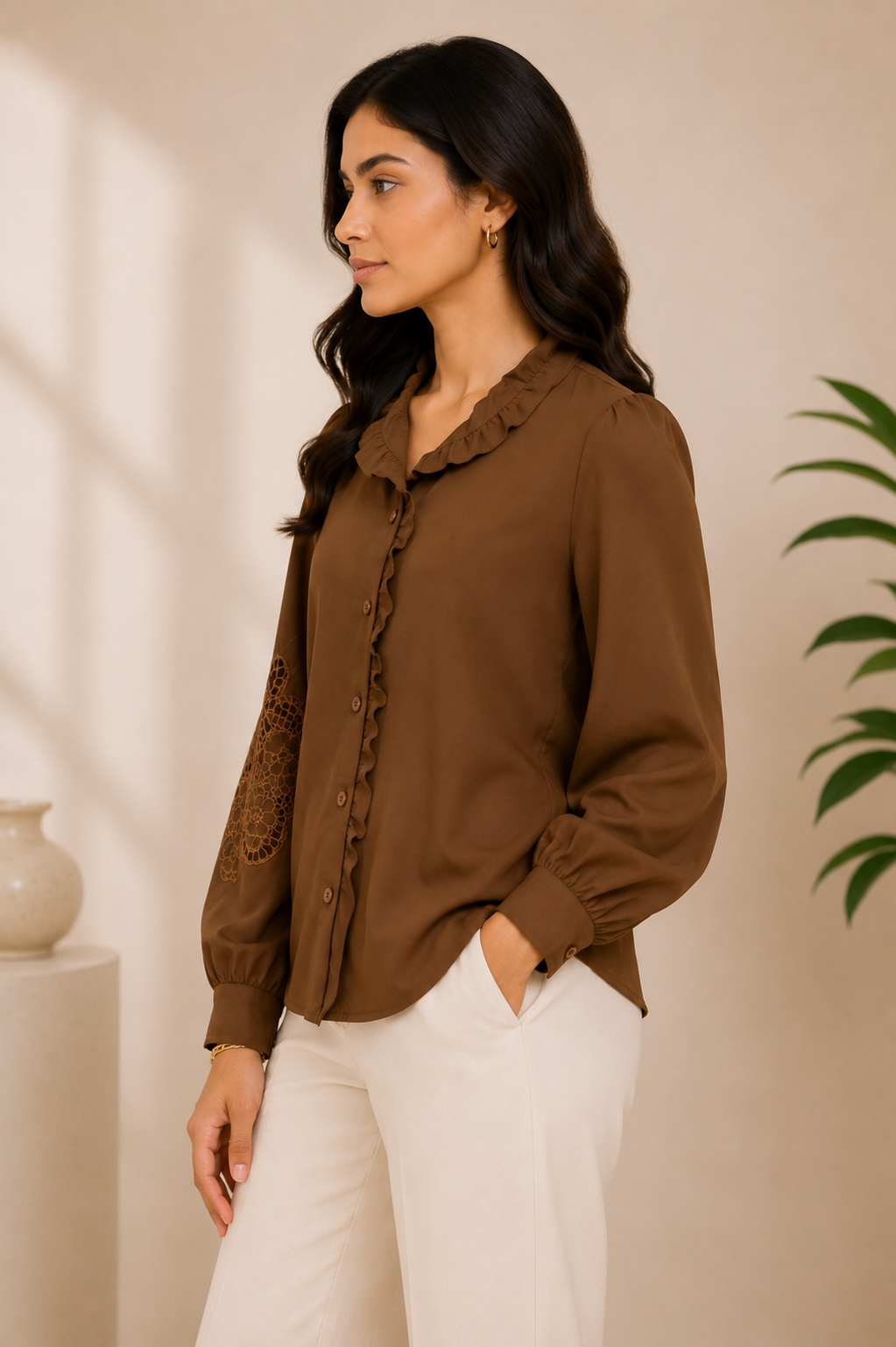 Chocolate Brown Ruffle Sleeve Top