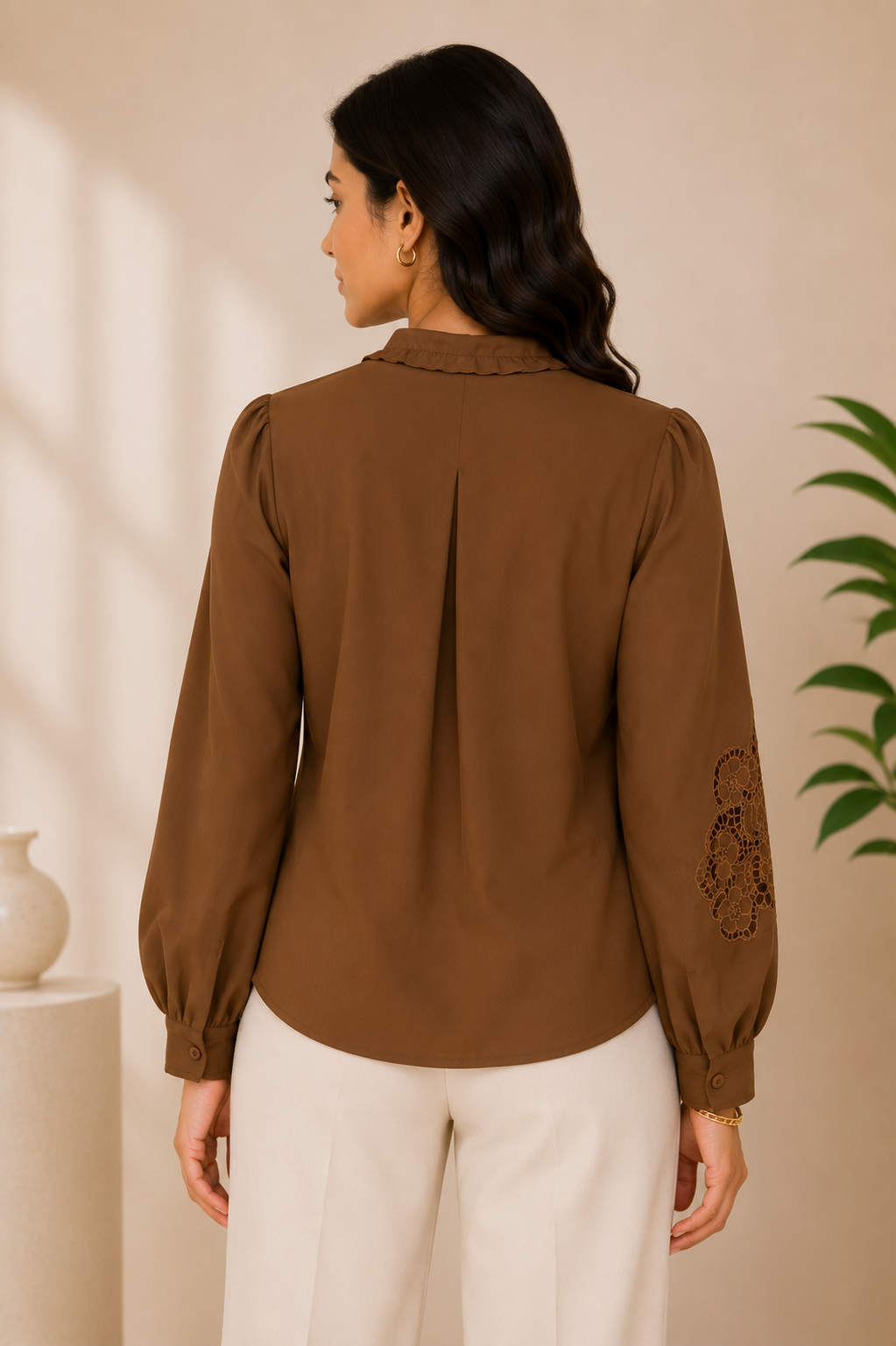 Chocolate Brown Ruffle Sleeve Top