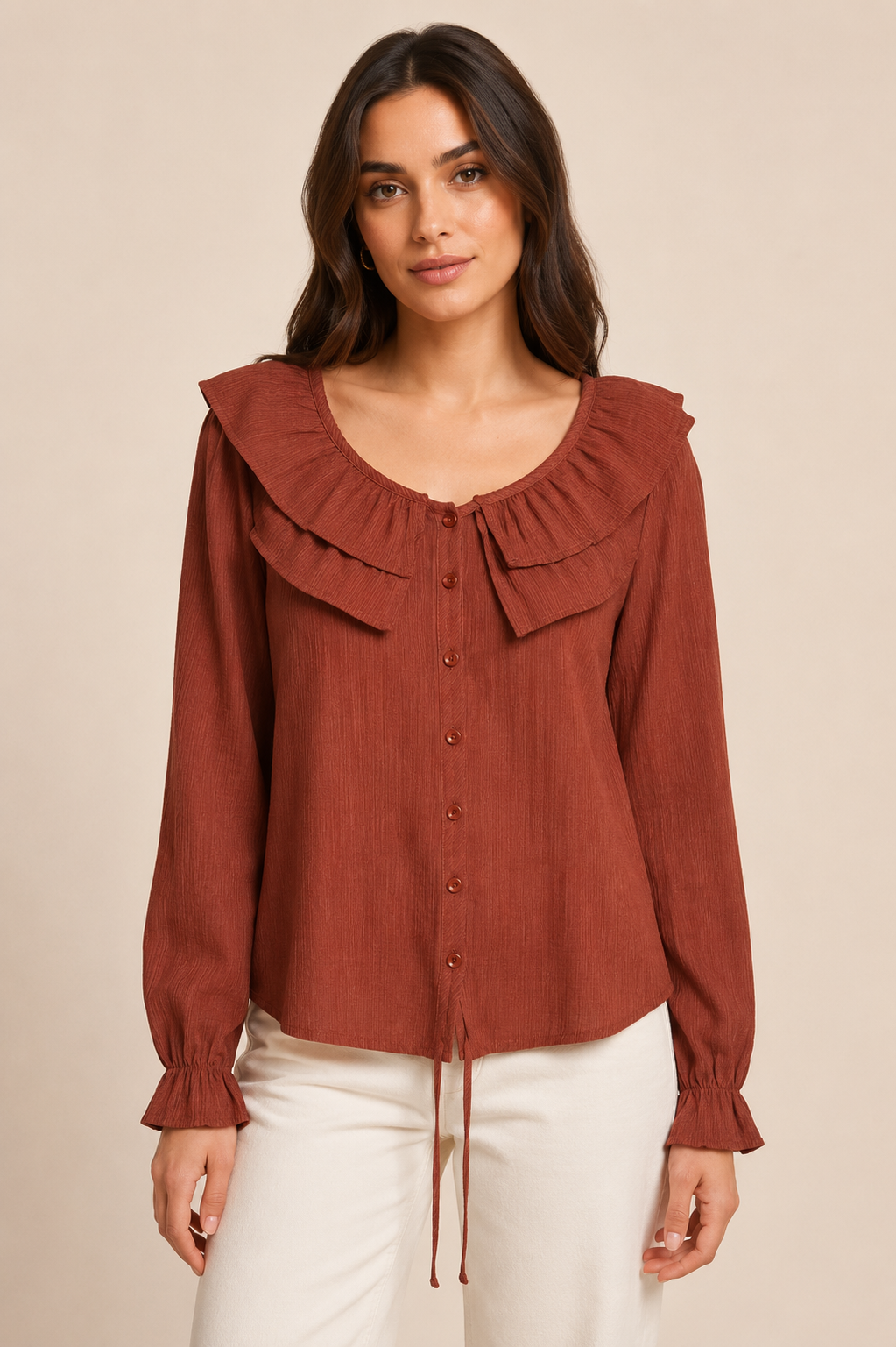 Rust Ruffle Collar Button-Down Blouse – Textured Feminine Fit Top