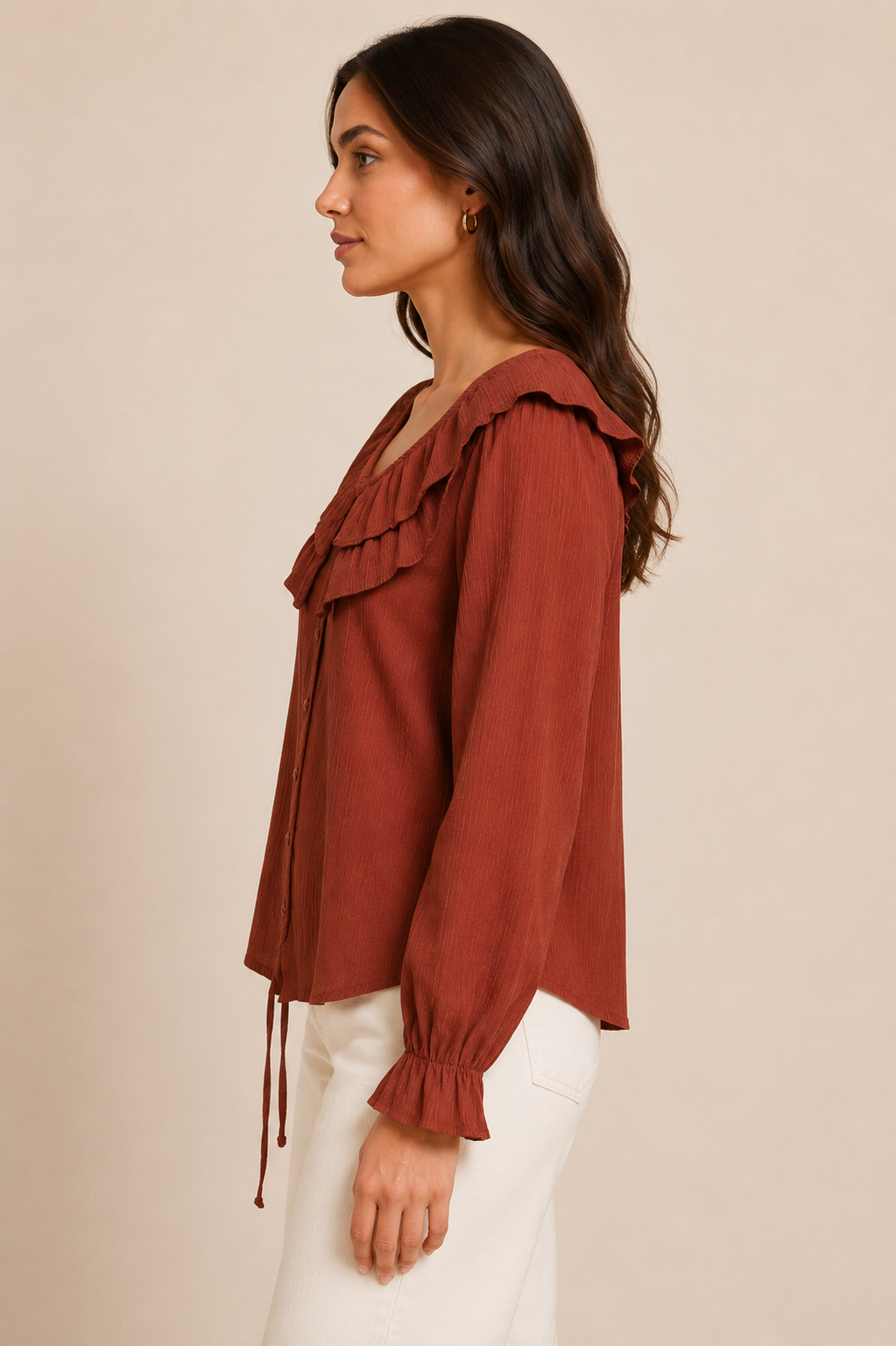 Rust Ruffle Collar Button-Down Blouse – Textured Feminine Fit Top