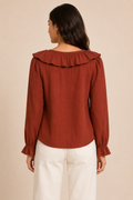 Rust Ruffle Collar Button-Down Blouse – Textured Feminine Fit Top