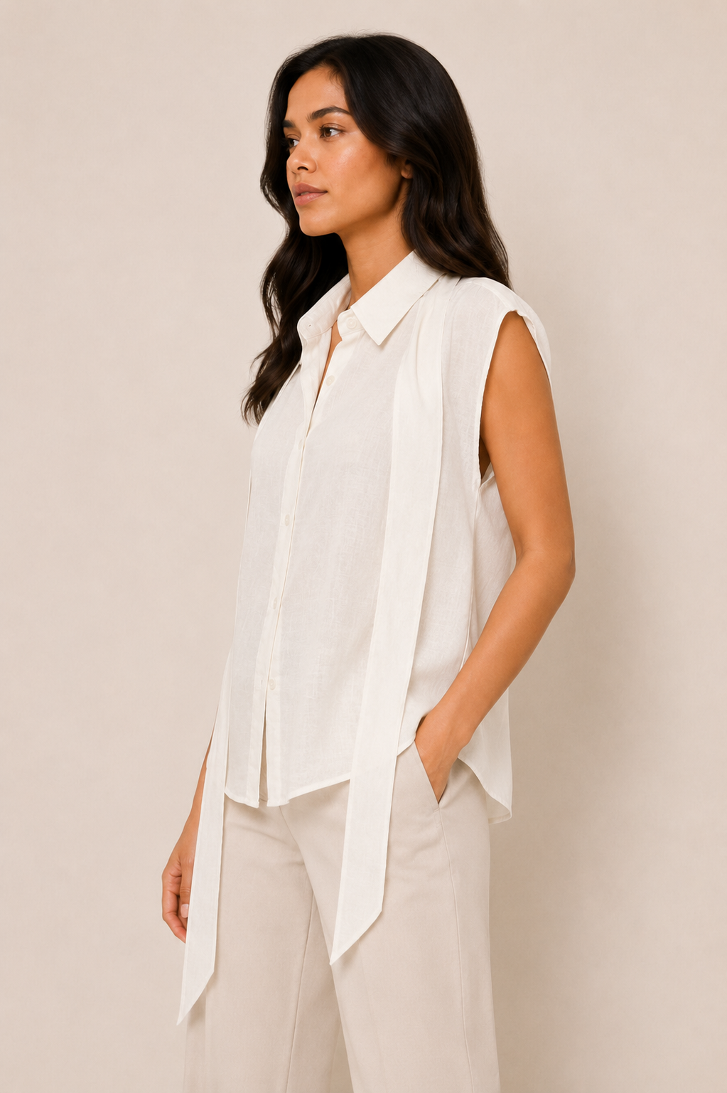 Ivory Tie-Neck Sleeveless Shirt