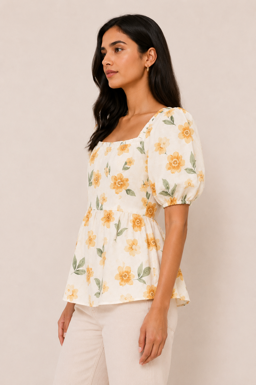 Floral Puff Sleeve Peplum Top