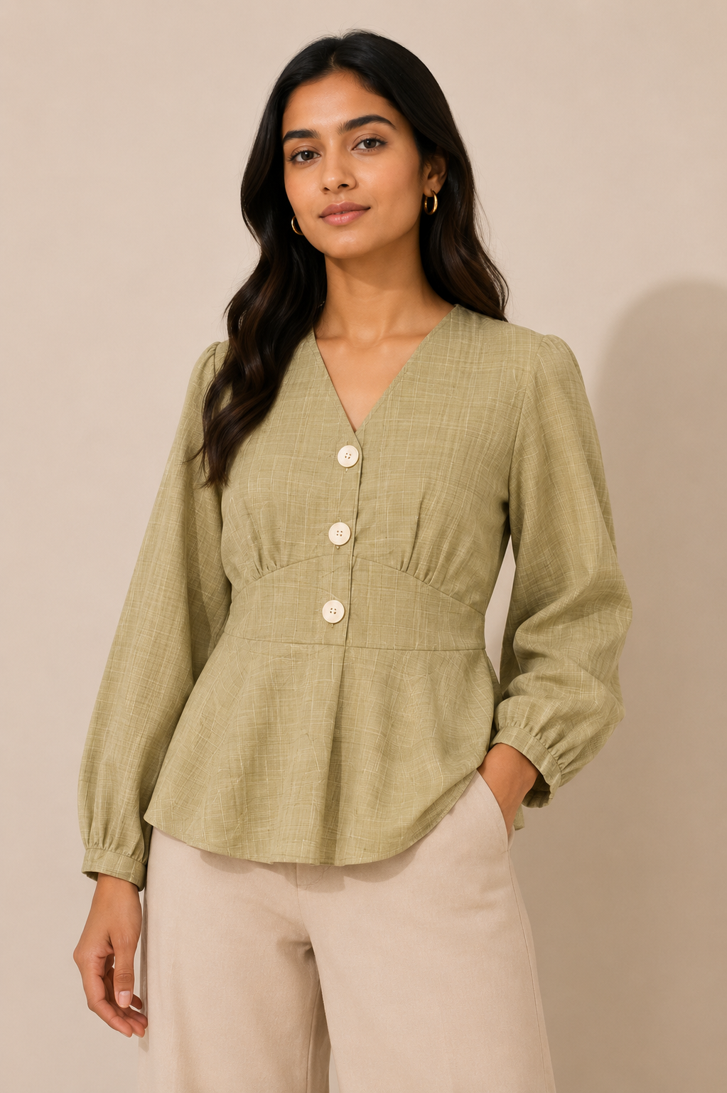 Sage Green Textured Peplum Blouse