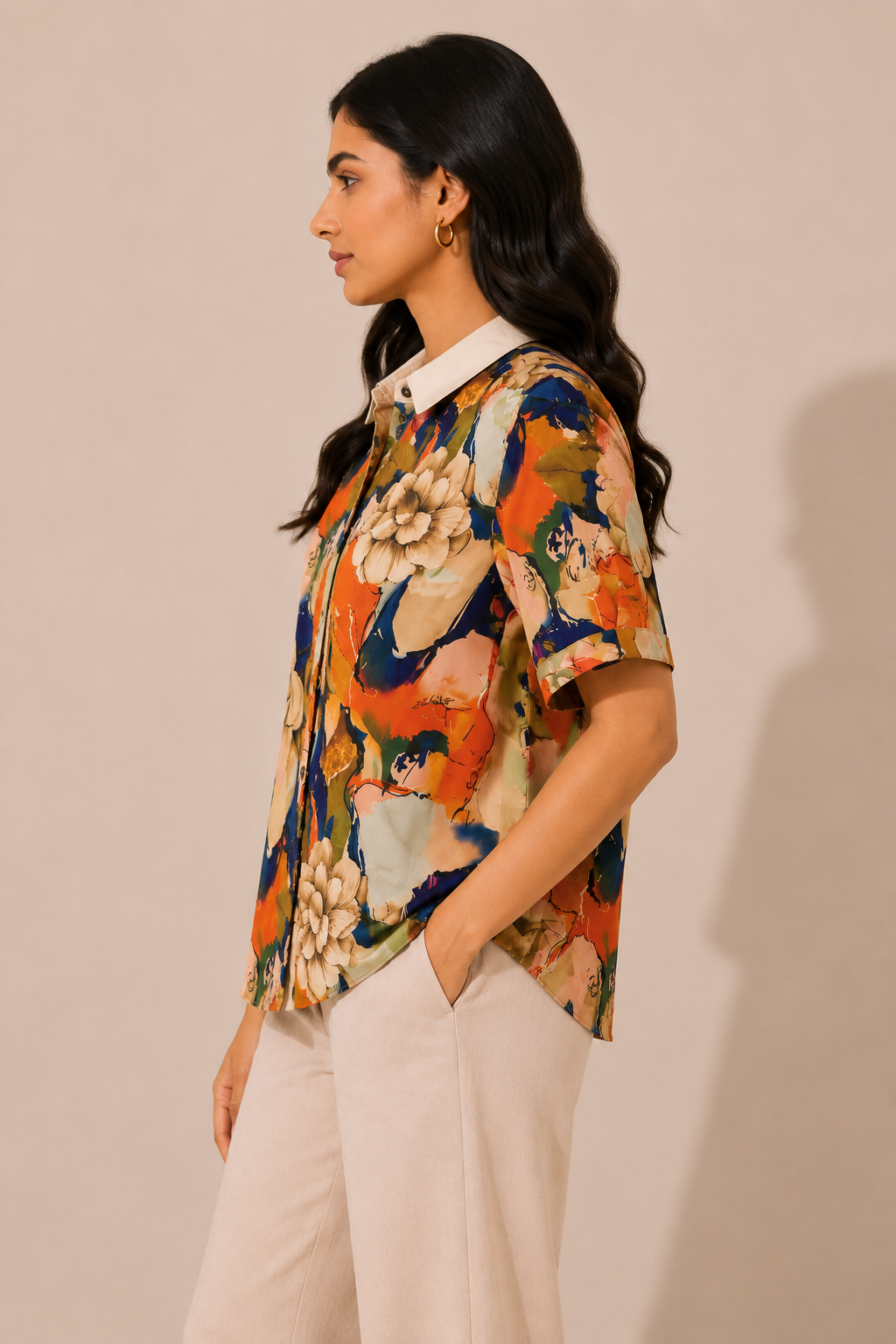 Abstract Floral Statement Satin Shirt