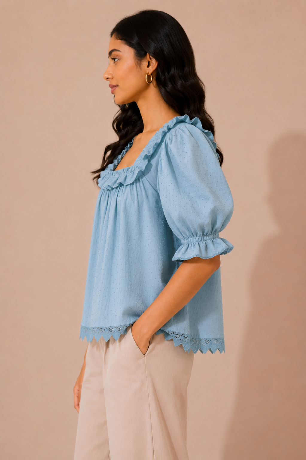 Powder Blue Swiss Dot Puff Sleeve Top
